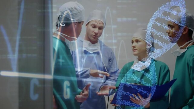 Surgical team holding briefing in corridor speaker initiating gesturing while DNA chart overlaying
