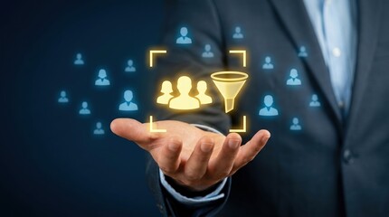 Obraz premium Sales Funnel, Customer Acquisition, Target Audience, Lead Generation, Marketing Strategy, Business Growth, CRM showing a businessman using digital interface for customer targeting.
