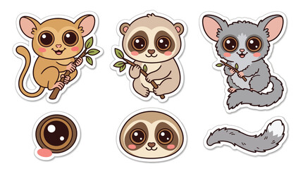 Fototapeta premium Cute cartoon illustration of three adorable nocturnal primates and a sloth face, with a close-up of a tarsier's eye and a bush baby's tail.