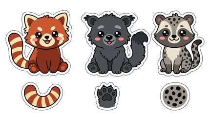 A charming collection of three adorable cartoon wild animals: a red panda, a black bear cub, and a raccoon, each with their distinct accessories like a tail and paw print. © Airwj