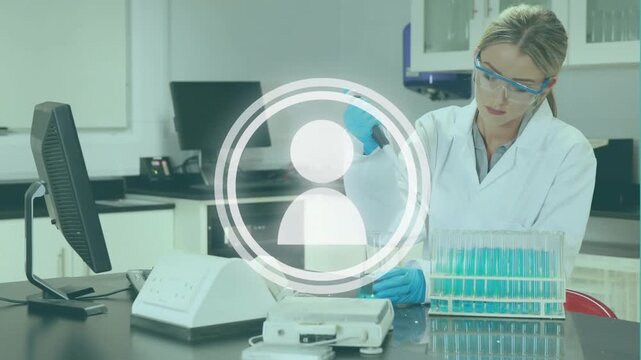 Female lab tech pipetting sample into tube rack for test after picking pipet, avatar over center