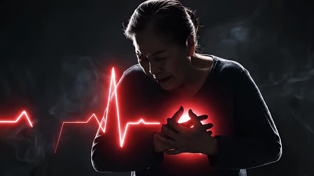Elderly Woman Clutches Chest in Pain with Red EKG Pulse Overlay