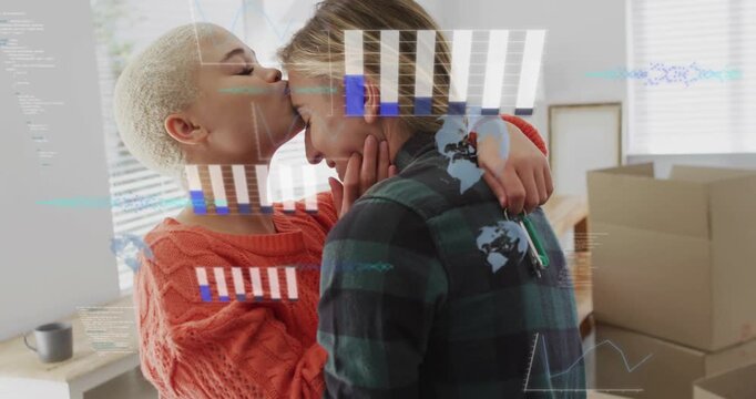 Two women hugging, one cupping face, kissing forehead during move with boxes, charts masking couple