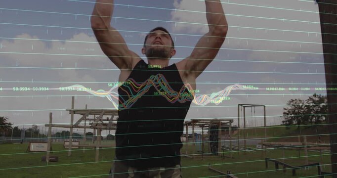 Metal horizontal bars are receiving steady grips and pull motions in grassy park, waveform overlay
