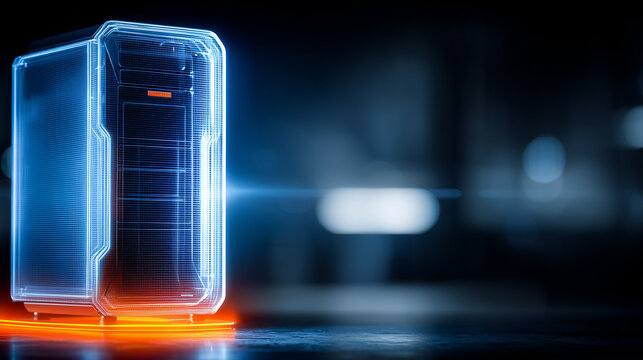 Wireframe server tower standing on a glowing platform illustrating data storage infrastructure, secure hosting, and modern computing technology.
