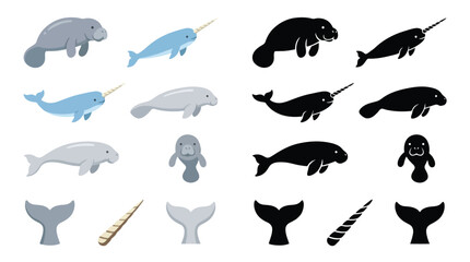 Collection of Illustrations Featuring Manatees and Narwhals, Including Full Body Views and Tail Fins. © Airwj