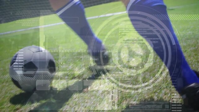 Male player cleat touching still ball, nudging toward goal for soccer training, HUD tracking