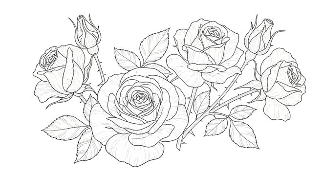 Elegant black and white line art illustration of a rose bouquet with leaves and buds. Detailed floral outline drawing, vector graphic.