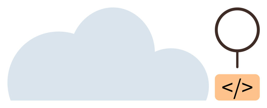 Cloud storage, web development, programming, AI technology, digital analytics, cloud services. Large cloud shape, magnifying glass and code symbol. Cloud storage and web development concepts