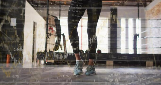 Woman starting flat feet in gym, pushing off and repeating cardio hops with finance chart overlaid