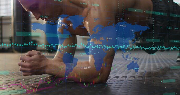 Man lowering into forearm fitness plank, engaging core to stabilize while live map plots scrolling