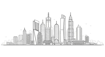 Fototapeta premium Modern City Skyline Line Art Illustration. Urban Metropolis Vector with Outline Skyscrapers, Contemporary Architecture & Downtown Buildings.