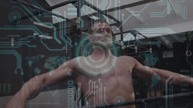 Man doing clean press in gym, initiating pull with leg drive, HUD targeting chest for lockout