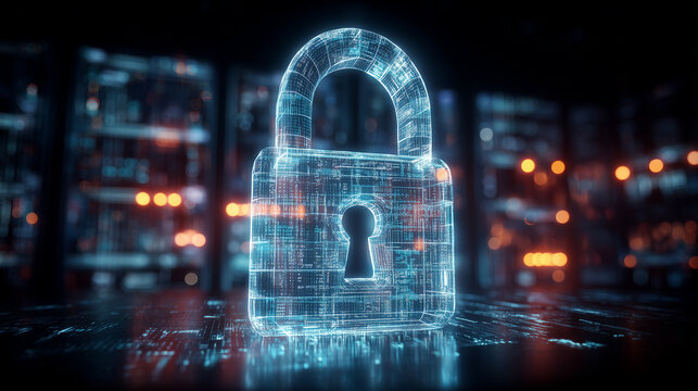 Glowing digital padlock in a futuristic server environment, representing cybersecurity, data encryption, and network protection.

