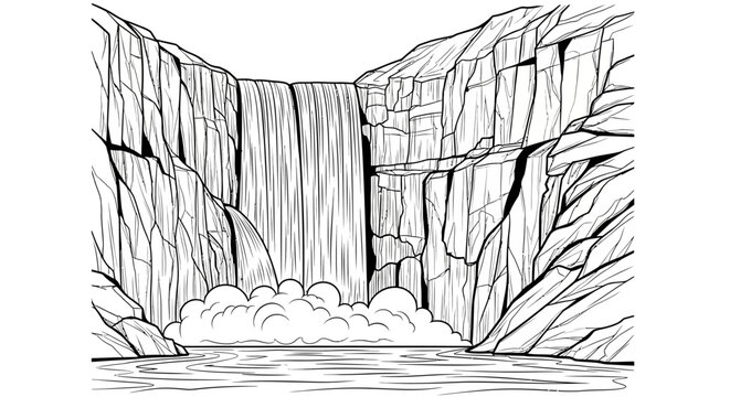 Majestic Waterfall Cascading Down Rocky Cliffs into a Serene River - Detailed Nature Landscape Line Art Illustration
