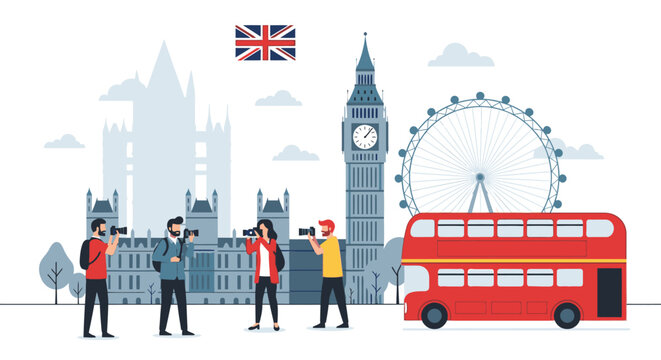 Illustration of tourists in London with Big Ben, London Eye, and red bus against a white background with a British flag.