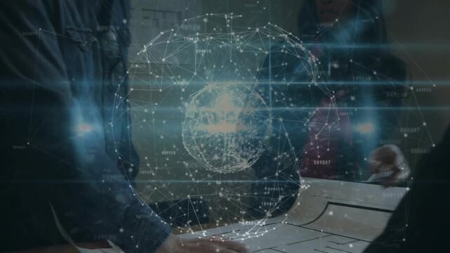 Team of three lifting large plan, activating holographic sphere, tracing layout for design review