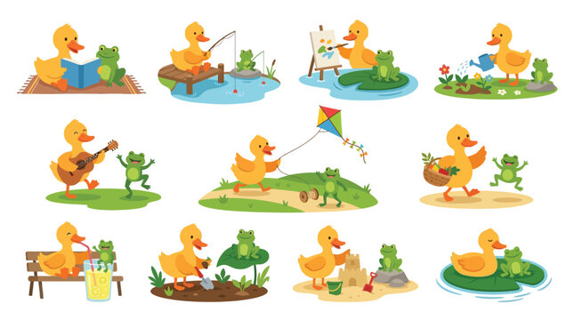 A charming collection of illustrations depicting a cheerful duckling engaging in various delightful activities with its frog friend in a vibrant natural setting.
