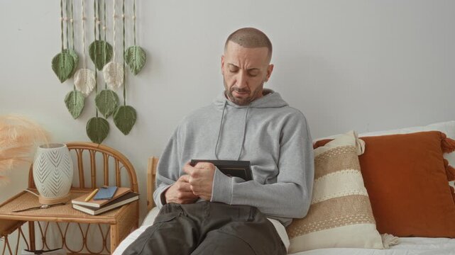 Man holds tablet to chest on bed in bedroom, arms crossed and looking down beside rattan side table with books and decorative pillow; quiet contemplation.