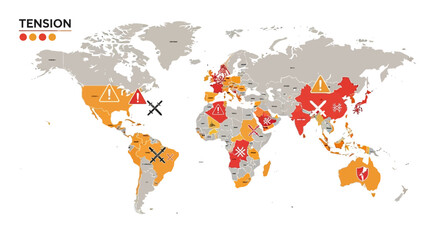 Naklejka premium Global geopolitical tension map 2026 with conflict zones warning symbols