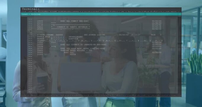 Three women presenting laptop in open office expanding terminal overlay showing SQL code for review