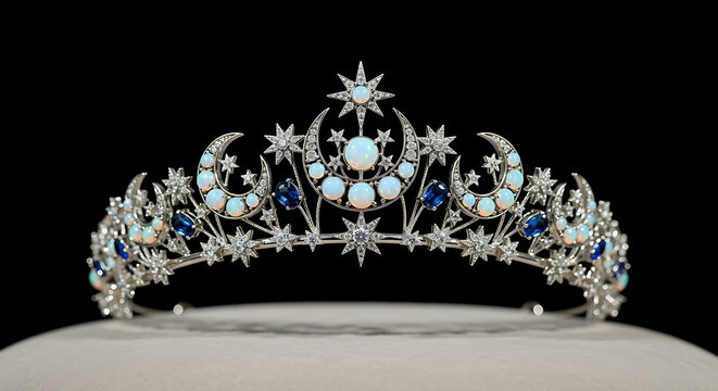Royal celestial tiara featuring blue sapphires and iridescent opals set in a moon and star design on a dark background. High-end luxury jewelry headpiece with intricate crescent moon and astronomical 
