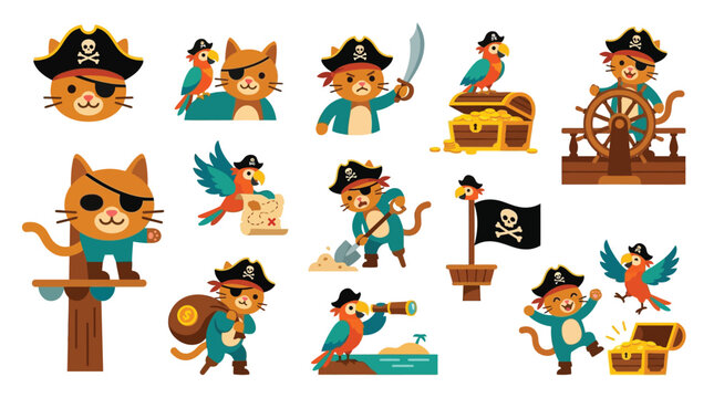 Collection of cute cartoon pirate cats and parrots in various adventurous poses, including treasure hunting, sailing, and fighting, with a pirate flag and treasure chest.