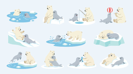 A charming collection of illustrations depicting polar bears and seals interacting in various playful and tender scenarios on ice floes and in water. © tr