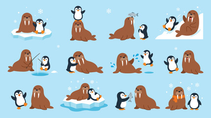 A charming collection of cartoon illustrations depicting playful interactions between penguins and walruses in an arctic environment. © tr