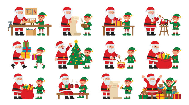 Santa Claus and his elf helpers are busy preparing gifts and decorations for Christmas in a workshop and around a festive tree.