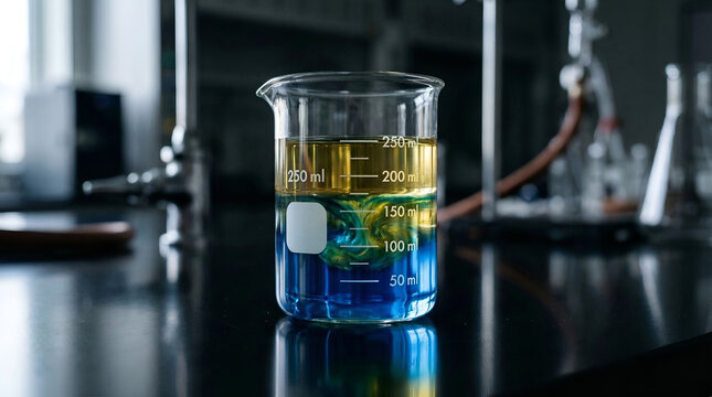 Two immiscible liquids, yellow and blue, layered in a laboratory beaker, illustrating density differences in a science experiment