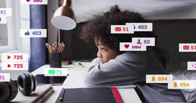 Boy sitting at desk, phone pinging, app alerts swelling around head then clearing, disrupting study