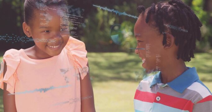 Two kids smiling on lawn as waveform lines and code blocks emerging across faces showing technology