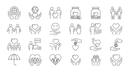 Fototapeta premium Diverse line icon collection depicting people, hands, and symbols of care and collaboration.
