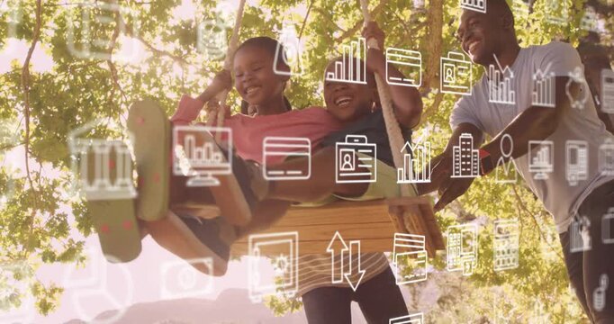 Kids shifting weight under tree adults steadying pushing swing higher for fun fintech icons showing