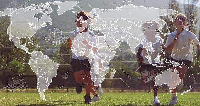 Students starting sprint across grassy field for PE, world map overlay growing denser with hexagons