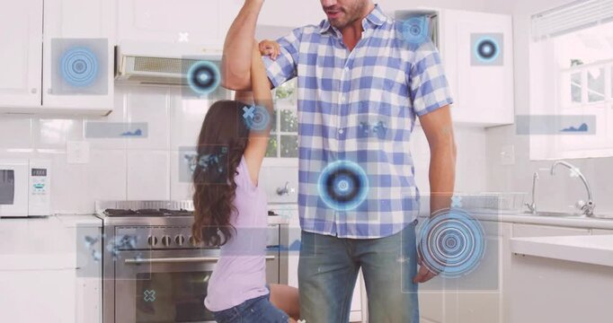 Girl reaching up, grasping man's bent forearm for help in kitchen, man guiding, HUD tech growing