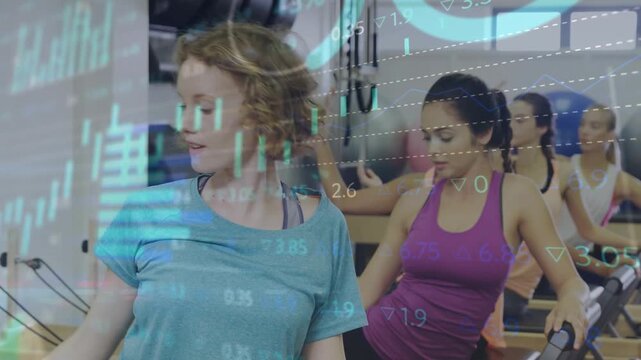 Five women holding reformer bars and syncing side bends in fitness, animated charts monitoring form