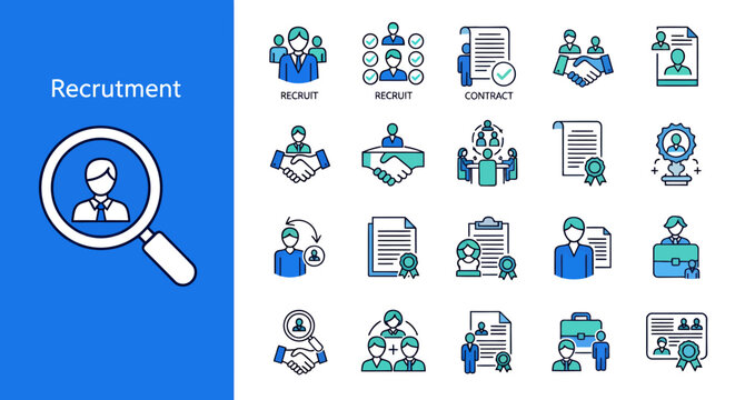 Recruitment and teamwork icons set illustrating hiring, collaboration and career concepts for business environments.