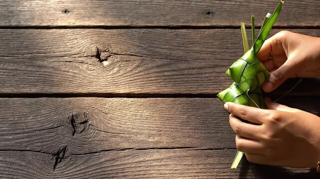A woman's hand places a woven palm leaf ketupat on a wooden table with copy space for your text