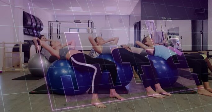 Four women on Swiss balls on cue lowering, curling for fitness, grid overlay obscuring
