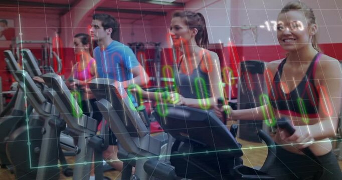 Vertical video: HUD appearing and tracking gym quartet doing cardio while graphs overlaying faces