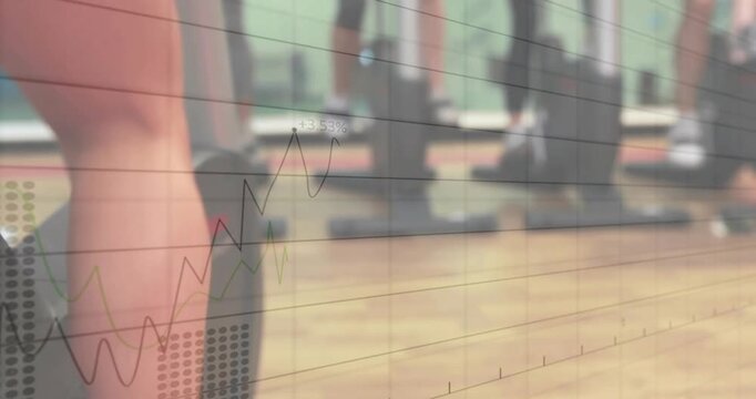 Foot pressing strap, woman stepping, animated fitness charts overlaying pedal, tracking progress