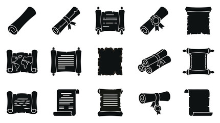 Fototapeta premium Collection of black silhouette icons representing various scrolls, documents, and maps in different states of unrolling and presentation.