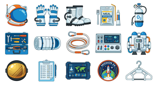 Collection of astronaut equipment and space exploration gear, including helmet, gloves, boots, tools, oxygen tank, and mission patch.