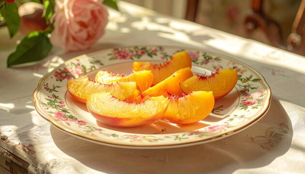 Fresh Peach Slices on a Floral Plate in Sunlight