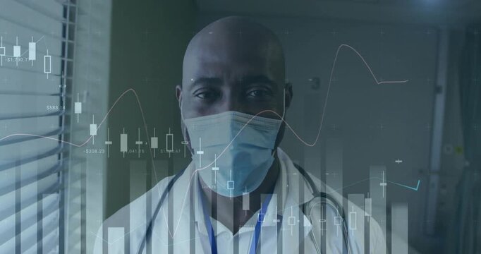 Doctor facing camera by blinds as animated charts sliding over face showing health finance trends