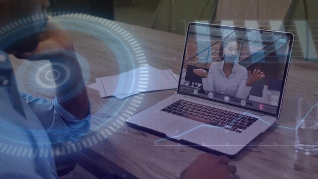 Seated man listening while woman on laptop presenting business data, HUD circular graph appearing