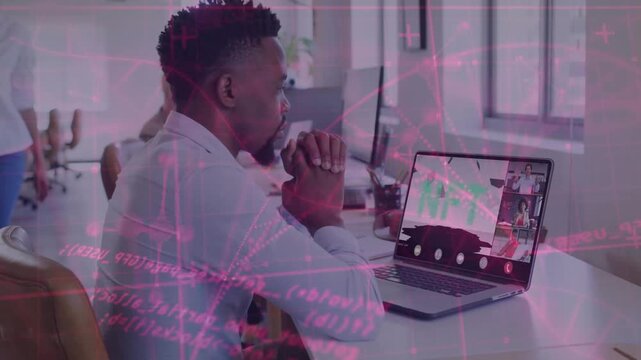 Man watching laptop, thumbnails updating and NFT slide cycling, magenta overlay guiding tech review