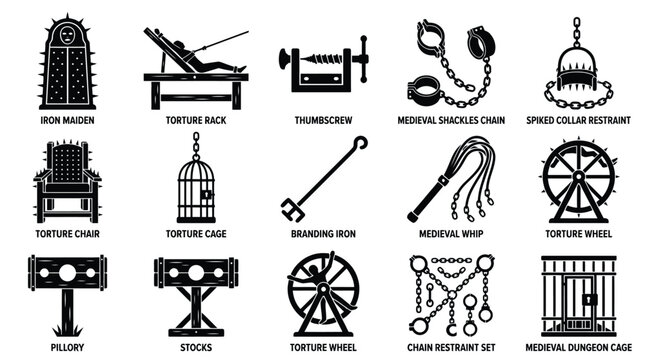 Collection of historical and medieval torture devices and restraints, including iron maiden, rack, thumbscrew, shackles, and cages.